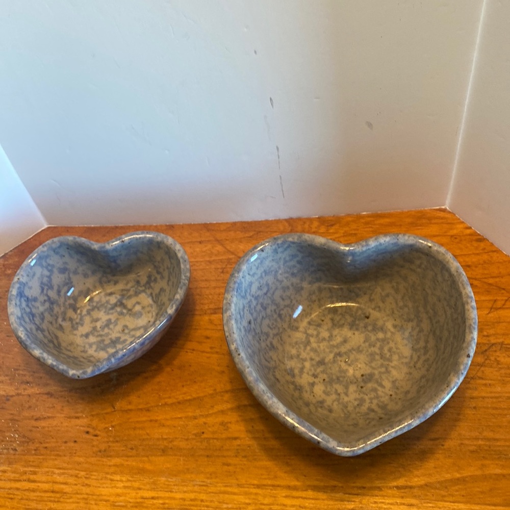 Vintage light blue & gray pair of sponge-ware pottery heart shaped serving bowls